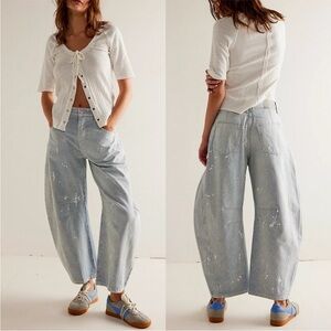 Free People Good Luck Mid-Rise Railroad Stripe Paint Splatter Barrel Jeans 28
